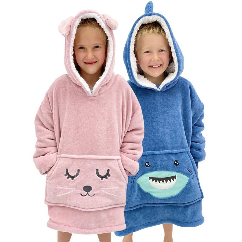 The Big Softy بطانية يمكن ارتداؤها للأطفال من 3 إلى 10 سنوات، بطانية بغطاء للرأس للأطفال على شكل حيوانات مرحة، سترة من صوف الشيربا بغطاء للرأس، قلنسوة مريحة كبيرة الحجم للأولاد والبنات والأطفال الصغار (الأرنب الوردي) - Image 1